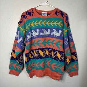 Midnight Blues Vintage Pastel Bird/Striped Print Crewneck Sweater